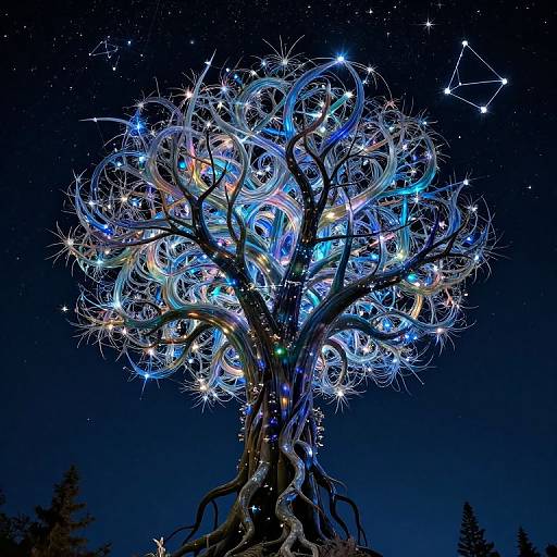 Glowing, intricately twisted tree adorned with multicolored lights against a starry night sky, with constellations visible in the background.