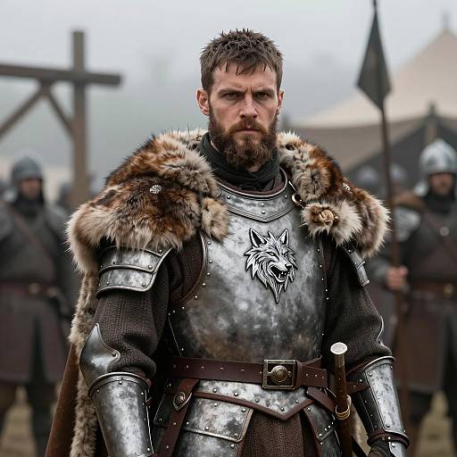 Medieval Warrior in Misty Camp Setting