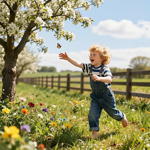 Boy Chasing Butterfly in Sunny Meadow
