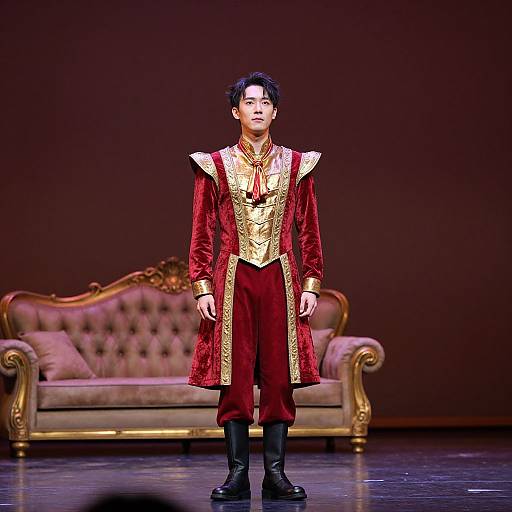 Asian male model in a red velvet and gold-trimmed royal court jester outfit, standing on stage with ornate, gold-accents sofa