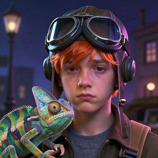 Photorealistic digital art: young man with orange hair, goggles, and headphones, holding a colorful chameleon, nighttime urban background.