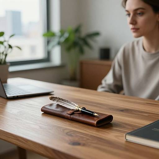 Photograph of a focused woman in a beige sweater, sitting at a wooden table with a leather pen case, pen, and laptop. Blurred background