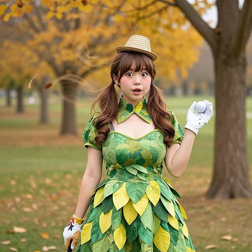 Asian woman in green leaf-patterned dress, white gloves, straw hat, autumn park, yellow-leaved trees, surprised expression, CGI style.