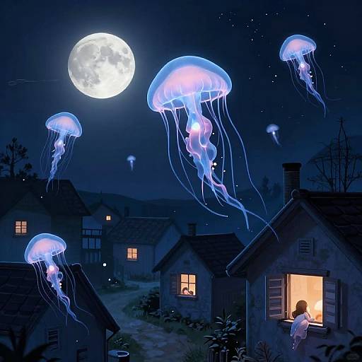 Digital illustration of a moonlit night with glowing blue jellyfish hovering over quaint, dark houses. A child stands in a lit window, gazing up