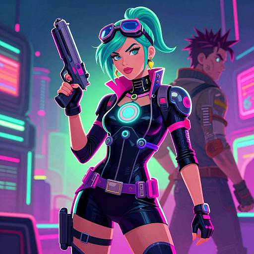 Digital art of a blue-haired woman in a neon-lit cyberpunk city, holding a gun, wearing a black, futuristic bodysuit, with