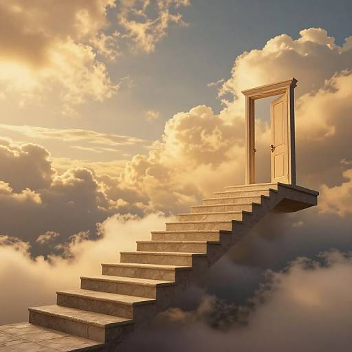 Photograph-style digital art of a golden-framed door at the top of a stone staircase rising through golden-lit clouds.