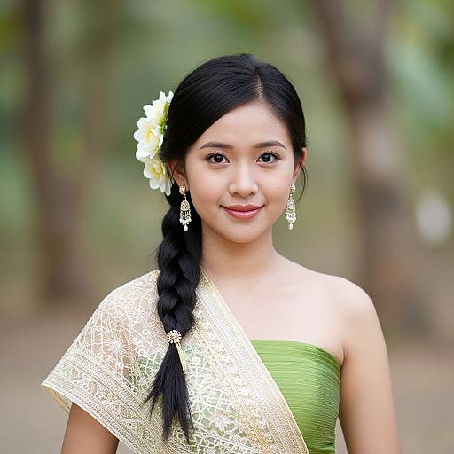 Photograph of an Asian woman with black braided hair, white flower, green strapless top, and gold lace sari, wearing dangling earrings,