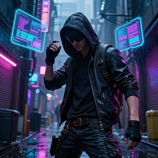 Cyberpunk alley scene: hooded man in wet black leather jacket and gloves, neon signs, rain, futuristic city, holding hood up. Digital