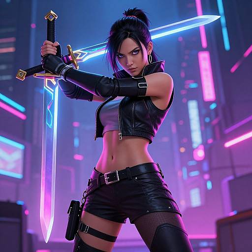 Digital art of a fierce, black-haired woman in a neon-lit city, holding a glowing blue sword with a confident stance. She wears a leather