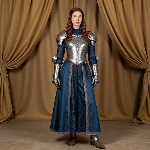 Photograph of a fair-skinned woman with long brown hair in medieval-style silver armor and blue embroidered tunic, standing against brown draped curtains.