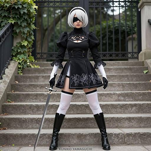 Confident 2B Cosplay on Stone Steps