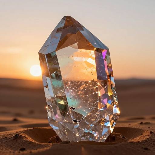 Photograph of a faceted, clear crystal gemstone with internal rainbow reflections, standing on sandy dunes at sunset, with a glowing orange and yellow