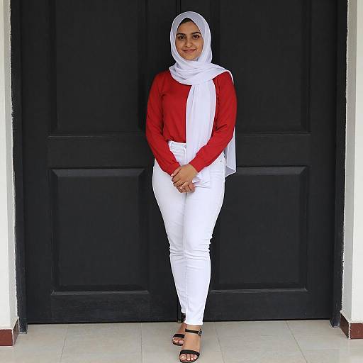 Young Woman in White Hijab by Door