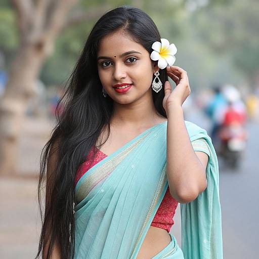 Photograph of a smiling South Asian woman with long black hair, wearing a turquoise saree over a red blouse, adorned with a white flower in her