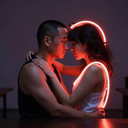 Photograph of a muscular man and a woman with glowing red neon rings, intimately facing each other in a dark room.