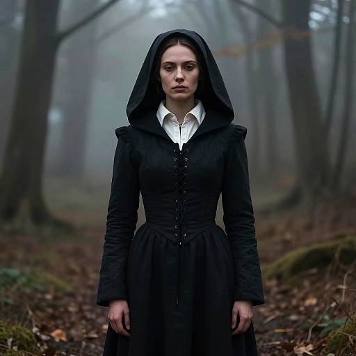 Woman in Dark Hooded Historical Dress in Foggy Forest