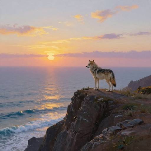 Photograph of a wolf standing on a rocky cliff at sunset, gazing at the ocean, with vibrant orange and blue sky.