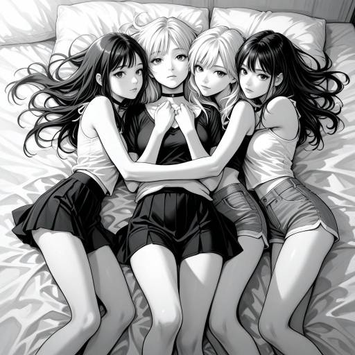 Monochrome Huddle of Four Girls