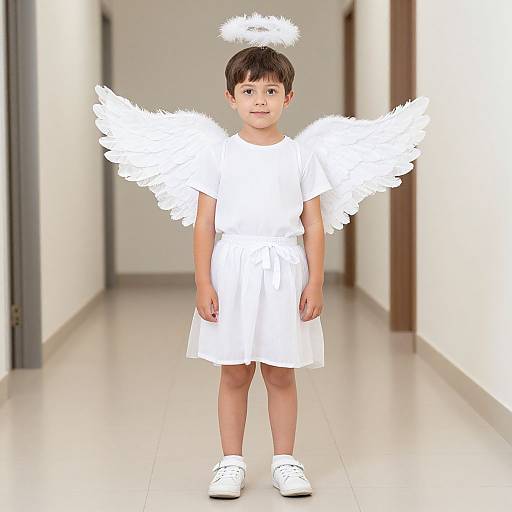 Photograph of a young boy with short brown hair, wearing a white angel costume with wings, halo, dress, and white shoes, standing in a