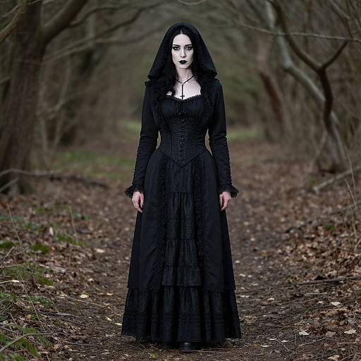 Photograph of a pale, gothic woman with black hair and dark lipstick, wearing a long, black, Victorian-style dress, standing on a forest