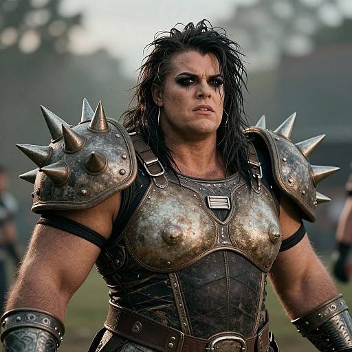 Photograph of muscular, dark-haired man in metallic, spiked armor with chest plate, leather straps, and serious expression, standing outdoors.
