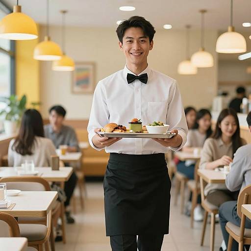 Photograph of a smiling Asian male waiter in a white shirt, black bow tie, and apron, holding a plate with food, in a brightly