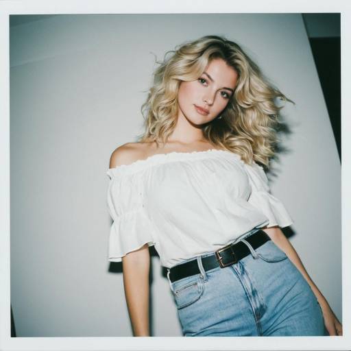 Blonde Woman in Off-Shoulder White Blouse and Light Denim Jeans