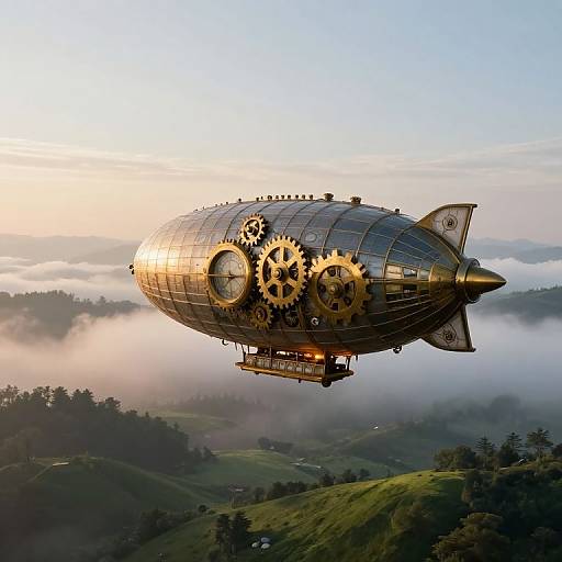 Photograph of a steampunk airship with brass gears and clock faces, soaring above misty, rolling green hills at sunrise.
