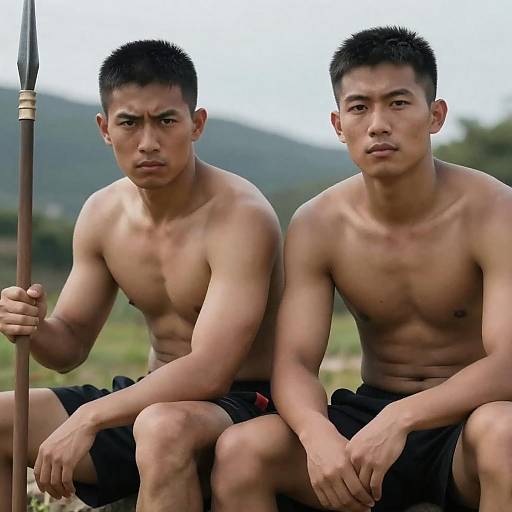Two Muscular Men with Spears in Nature