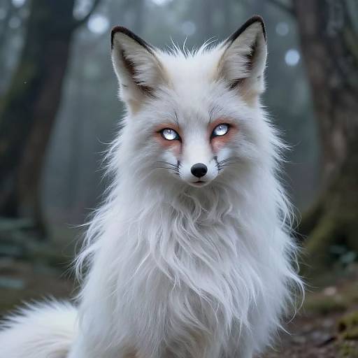 Photorealistic CGI of a white fox with glowing blue eyes, standing in a misty forest, showcasing detailed fur texture and ethereal lighting.