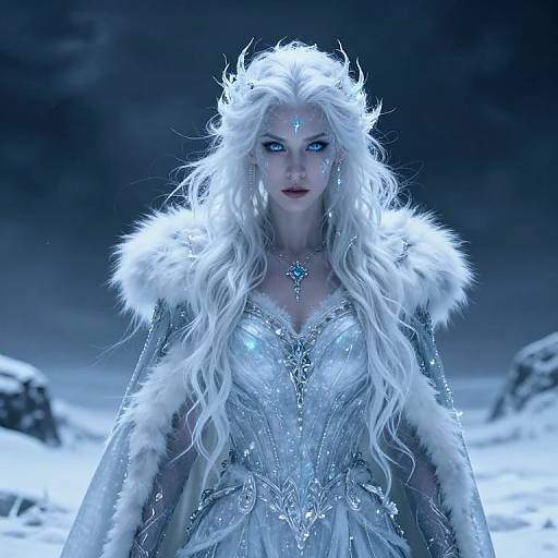 Digital artwork of a fierce, blue-eyed, white-haired queen in an icy, snow-covered landscape. She wears a silver, bejeweled dress
