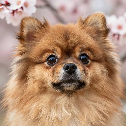Close-up photograph of a fluffy, brown Pomeranian puppy with large, black eyes, and a black nose, set against a blurred cherry blossom background