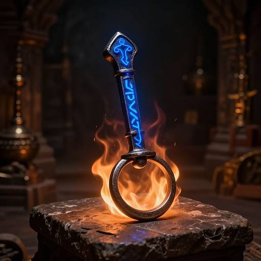 Photograph of a glowing blue, ornate sword handle with a circular base, engulfed in orange flames on a rough stone pedestal in a dark,
