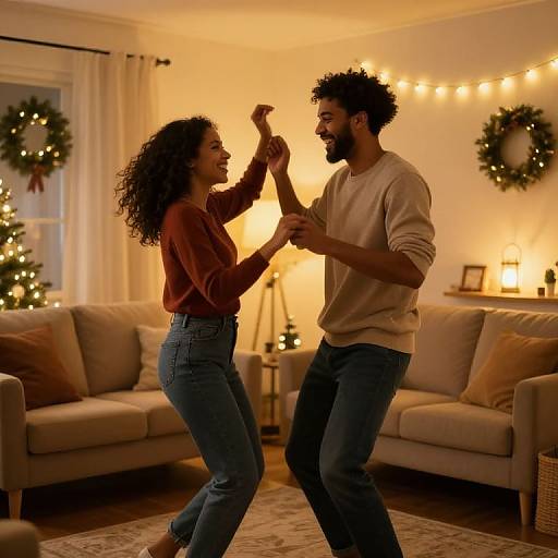 Photograph of a smiling curly-haired woman and bearded man dancing in a cozy, warmly lit living room with Christmas decor.