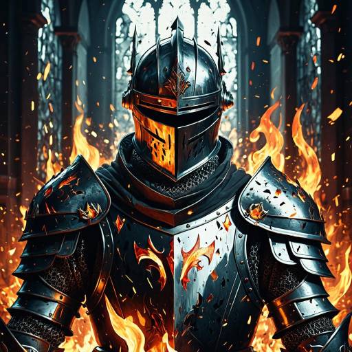 Armored Knight Surrounded by Flames and Shattered Glass