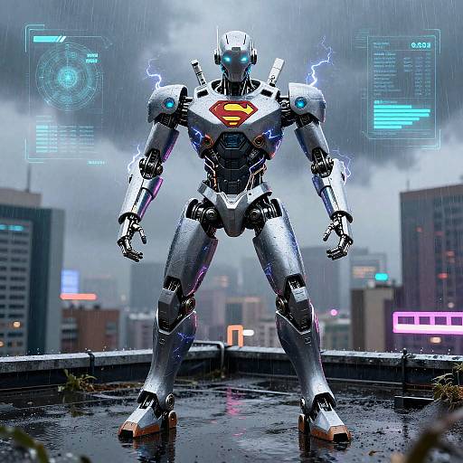 CGI image of a metallic Superman robot standing on a rainy rooftop, neon cityscape background, lightning, glowing blue eyes, red Superman emblem on chest