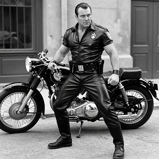 Black-and-white photograph of a muscular, dark-haired man in a leather police uniform, standing confidently in front of a vintage motorcycle.