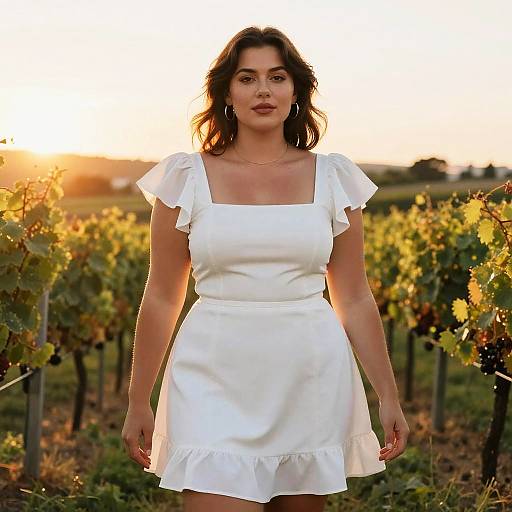 Stocky Woman in White Dress at Vineyard