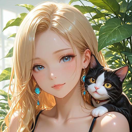 Blonde Woman with Cat on Shoulder