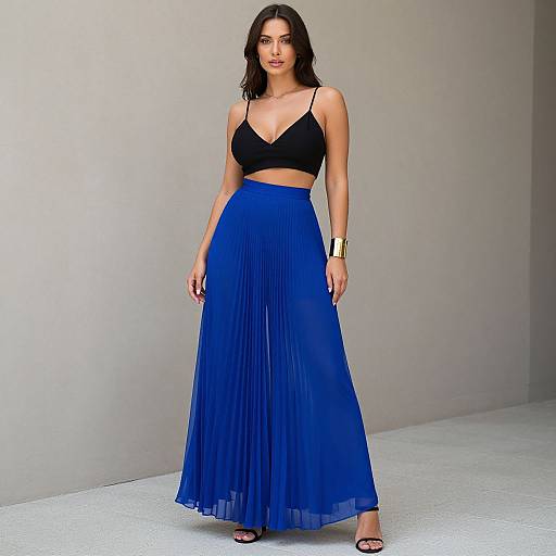Photograph of a woman with dark hair, wearing a black crop top and flowing blue skirt, gold bracelet, standing against a gray wall.