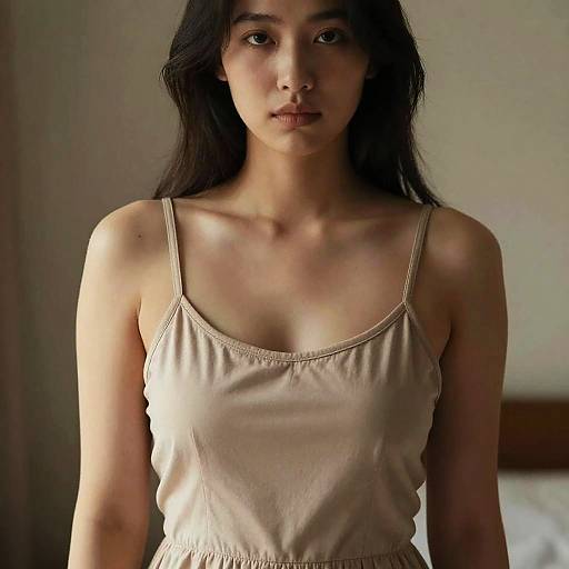 Photograph of a young Asian woman with long black hair, wearing a beige tank top, standing indoors with a neutral background.