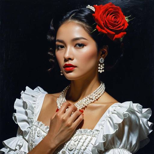 Flamenco Performer with Red Rose and Pearls