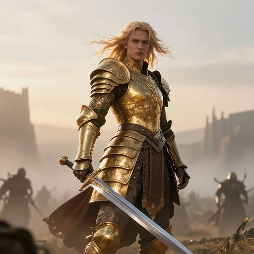 Photorealistic digital artwork of a blonde, armored warrior with gold-plated armor, holding a sword, standing confidently in a misty battlefield. Background