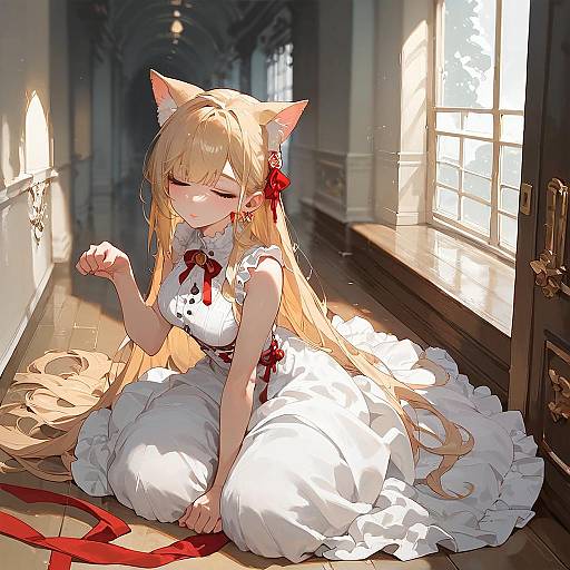 Happy Catgirl Sitting in Hallway