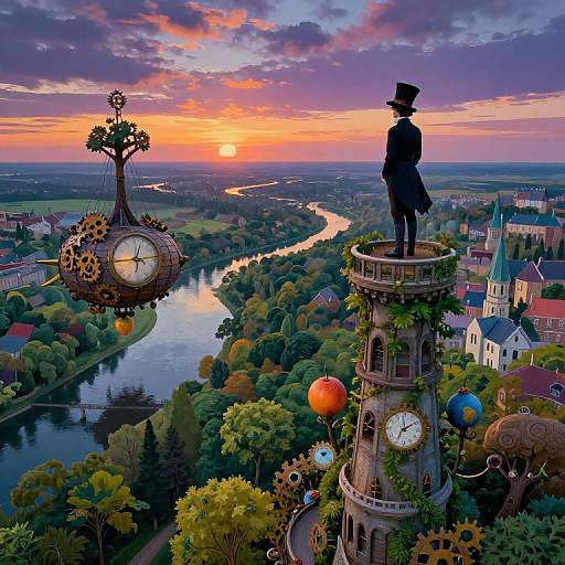 Fantastical sunset over a village with steampunk clock towers, gears, and a top-hatted figure silhouetted against a colorful sky