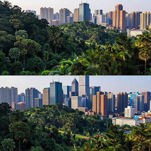 Photograph of a city skyline with dense tropical rainforest in the foreground; two views showing skyscrapers amidst lush greenery.