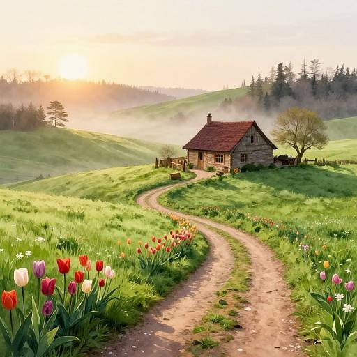 Photorealistic digital painting of a quaint, rustic wooden cottage on a sunlit, misty hillside, surrounded by colorful tulips and a winding