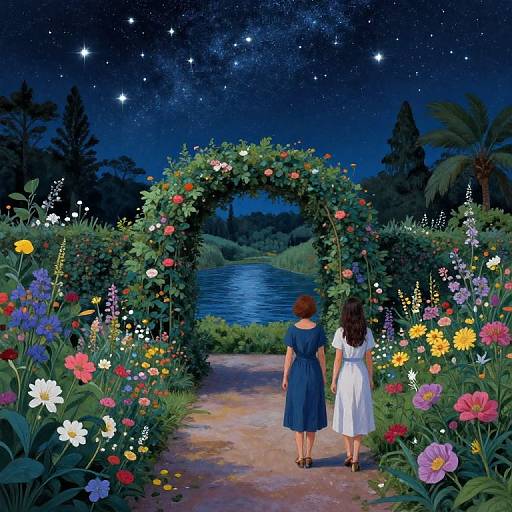 Digital art: Two girls, one in blue dress, one in white, stand under a flower arch, facing a starlit night sky over a reflective