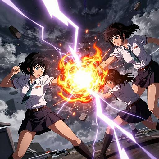 Three anime schoolgirls in white shirts and black skirts, wielding electricity and fire, fight amidst a stormy, ruined skyline. Dynamic, action-packed.