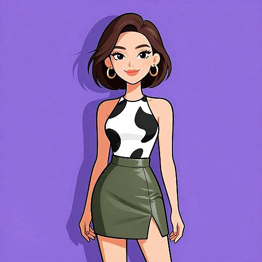 Digital illustration of a stylish woman with short brown hair, wearing a black-and-white cowprint halter top and green leather skirt, against a purple background